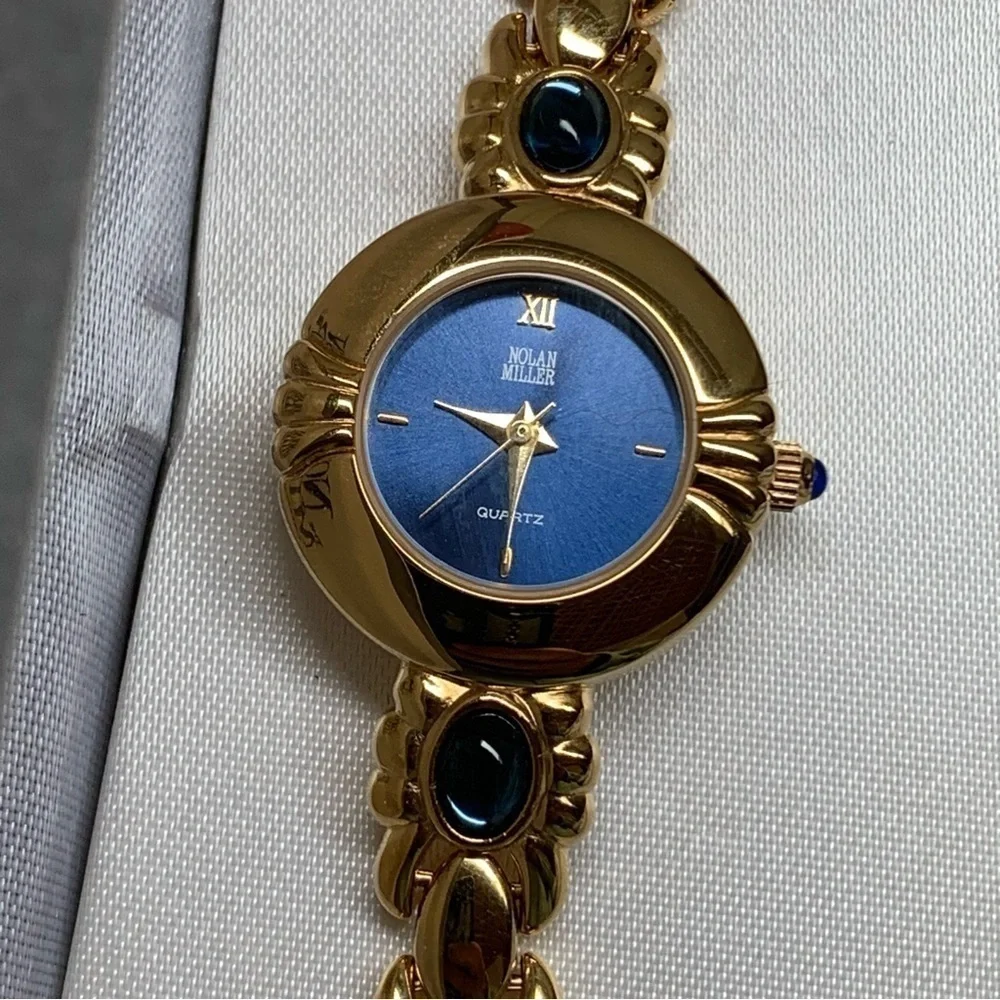🆕 Vintage Nolan Miller Gold Tone Cabochon Ladies Watch Blue Gold Glamour
